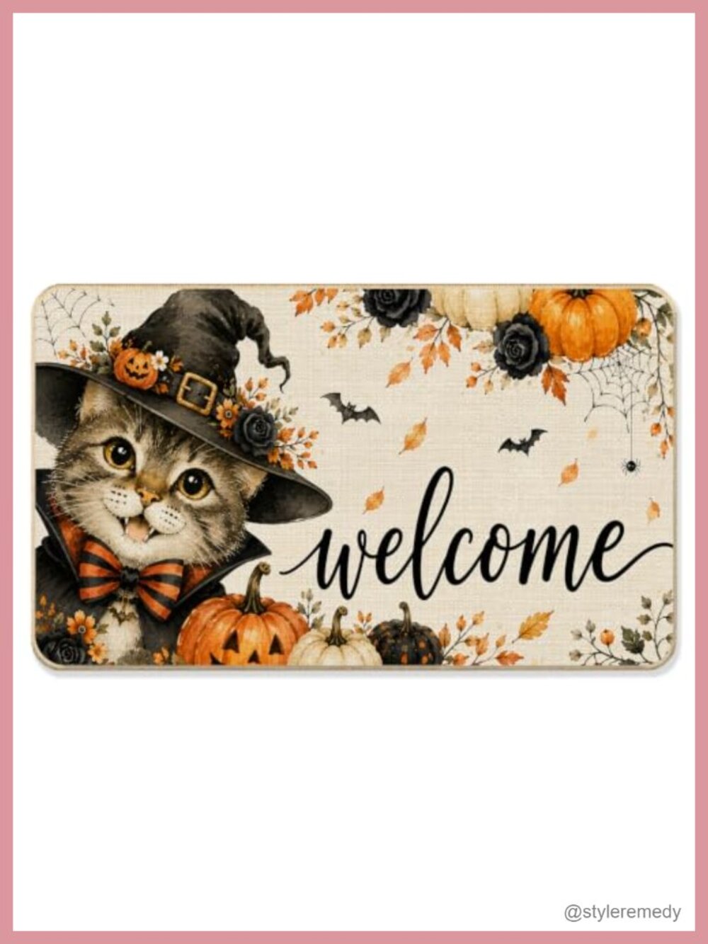 Halloween Cat Welcome Door Mat 17x30 Rubber Faux Linen Outdoor Entrance